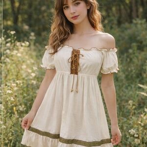 Unique Japanese Cottagecore Milkmaid Dress – Ivory Lace Up Corset Style – S/M